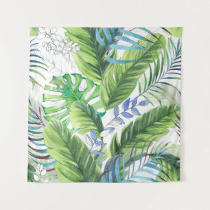 Watercolor palm leaves, exotic seamless background tapestry
