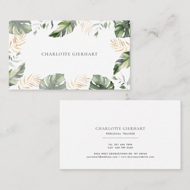 Watercolor Palm Leaves Gold Foliage Business Card (Front/Back)