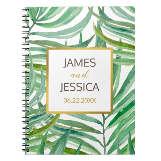 Watercolor Palm Leaves Personalised Wedding Notebook (Front)