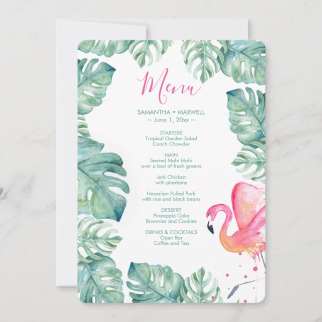 Watercolor Palm Leaves Pink Flamingo Tropical Menu Invitation (Front)