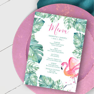 Watercolor Palm Leaves Pink Flamingo Tropical Menu Invitation