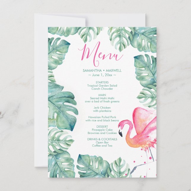 Watercolor Palm Leaves Pink Flamingo Tropical Menu Invitation (Front)