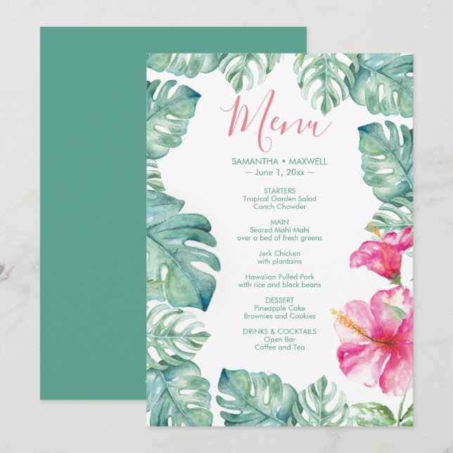 Watercolor Palm Leaves Pink Hibiscus Tropical Menu Invitation (Front/Back)