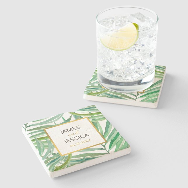 Watercolor Palm Leaves Wedding Date Gift Stone Coaster (Creator Uploaded)