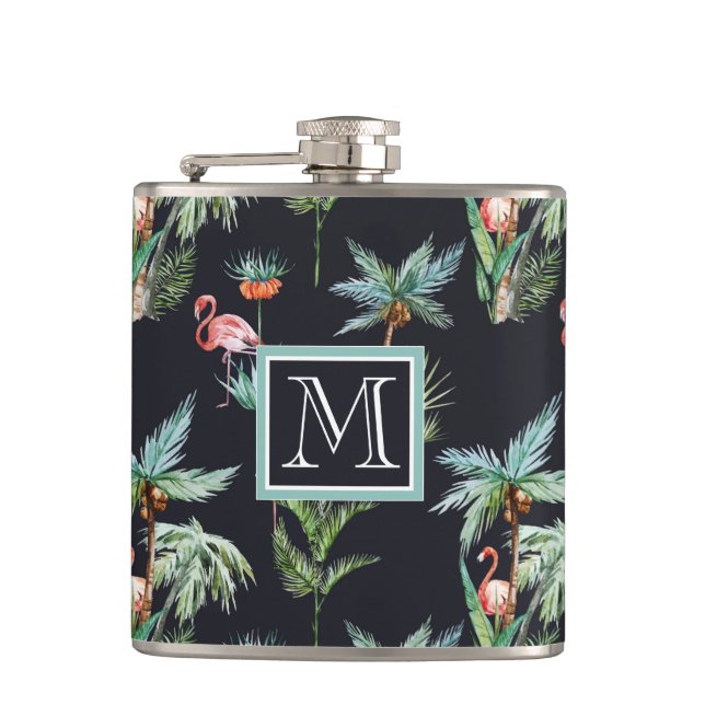 Watercolor Palm Pattern | Add Your Initial Hip Flask (Front)