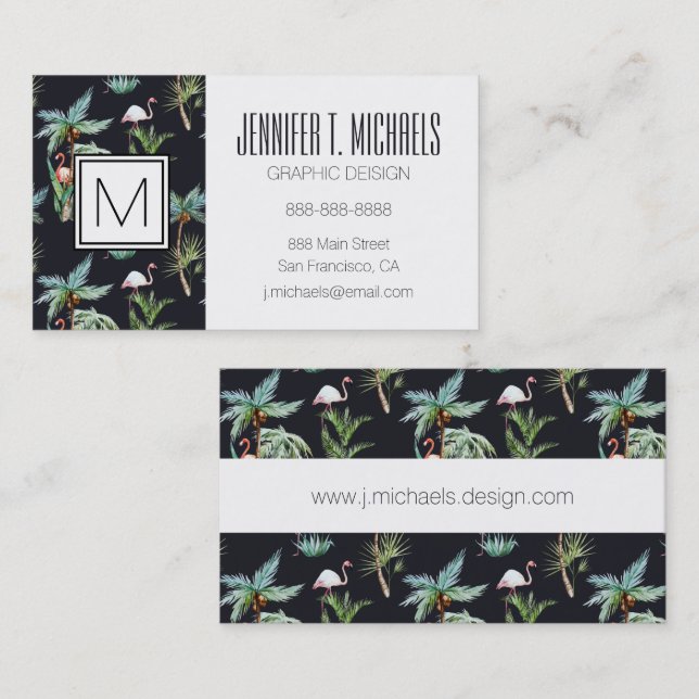 Watercolor Palm Pattern | Monogram Business Card (Front/Back)