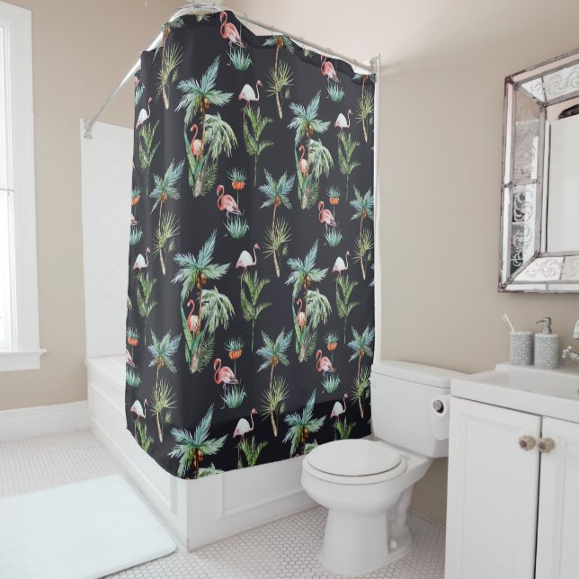 Watercolor Palm Pattern Shower Curtain (In Situ)