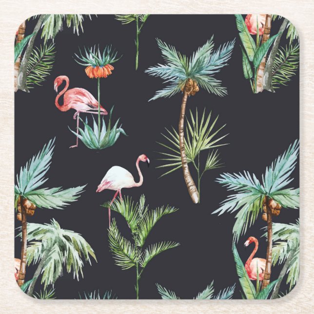 Watercolor Palm Pattern Square Paper Coaster (Front)