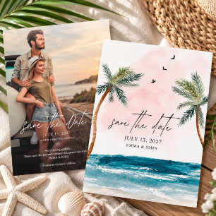 Watercolor Palm Tree Beach Photo Overlay Wedding Save The Date