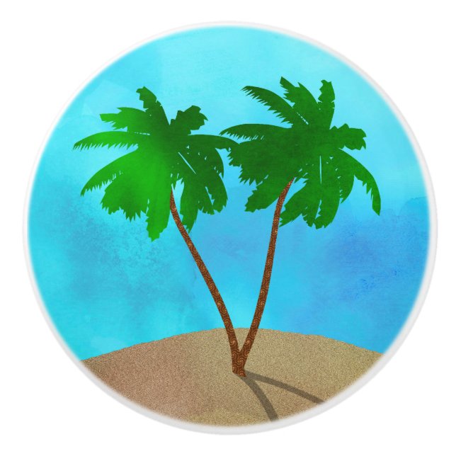 Watercolor Palm Tree Beach Scene Collage Ceramic Knob (Front)