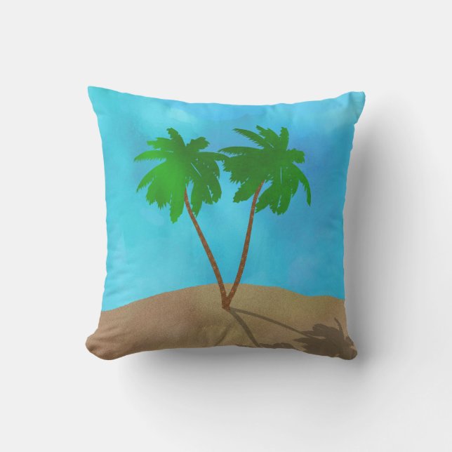 Watercolor Palm Tree Beach Scene Collage Cushion (Front)