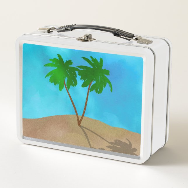 Watercolor Palm Tree Beach Scene Collage Metal Lunch Box (Front)