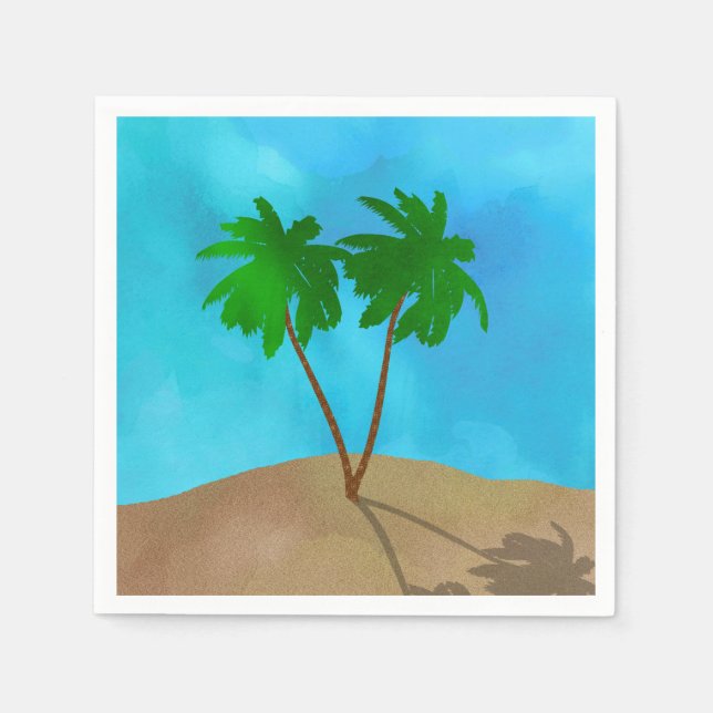 Watercolor Palm Tree Beach Scene Collage Napkin (Front)