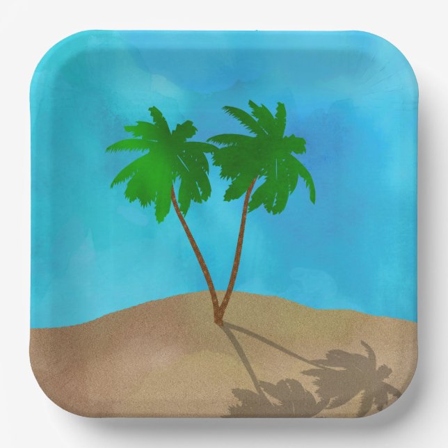 Watercolor Palm Tree Beach Scene Collage Paper Plate (Front)