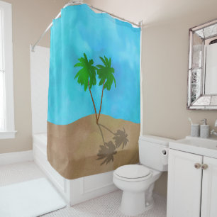 Watercolor Palm Tree Beach Scene Collage Shower Cu Shower Curtain