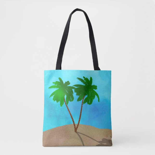 Watercolor Palm Tree Beach Scene Collage Tote Bag (Front)