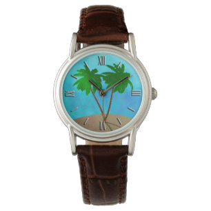 Watercolor Palm Tree Beach Scene Collage Watch
