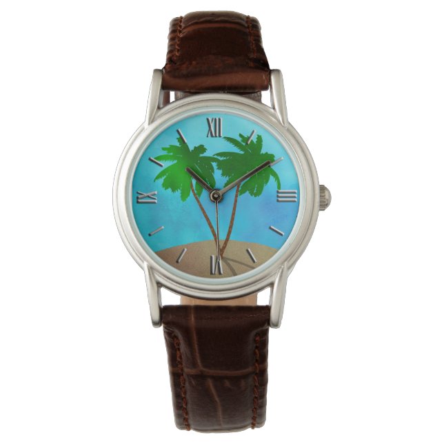 Watercolor Palm Tree Beach Scene Collage Watch (Front)