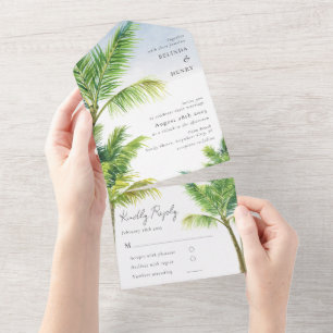 Watercolor Palm Tree Beach Wedding All In One Invitation