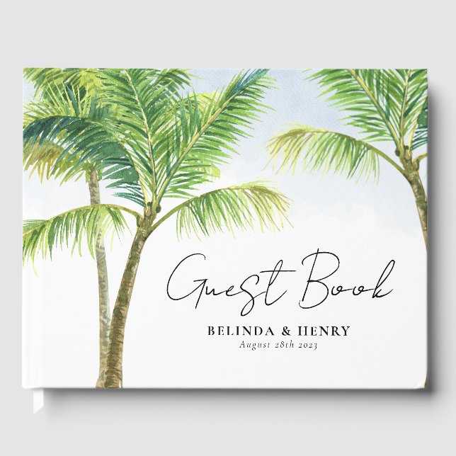 Watercolor Palm Tree Beach Wedding Guest Book (Front)