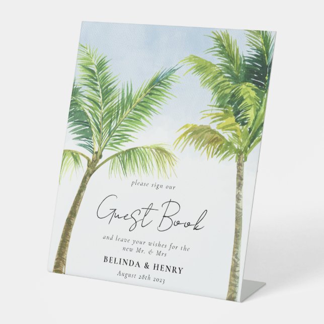 Watercolor Palm Tree Beach Wedding Guest Book  Pedestal Sign (Front)