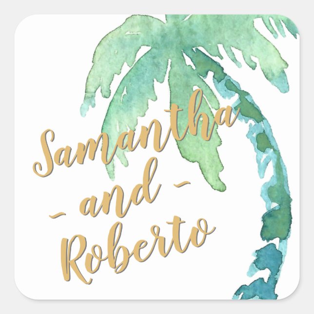 Watercolor Palm Tree Favour Square Sticker (Front)