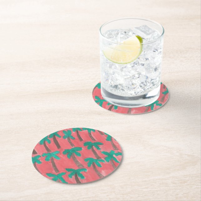 Watercolor Palm Tree Pattern Round Paper Coaster (Insitu)