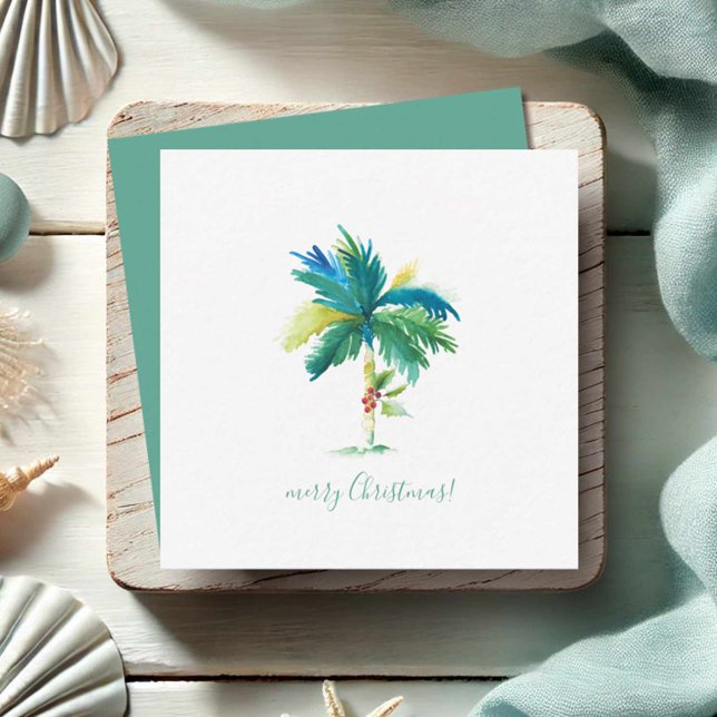 Watercolor Palm Tree Tropical Christmas Card (Mini Florida Christmas cards watercolor palm tree art by Victoria Grigaliunas Do Tell A Belle)