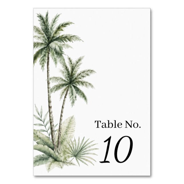 Watercolor Palm Tree Wedding Table Number Card (Front)