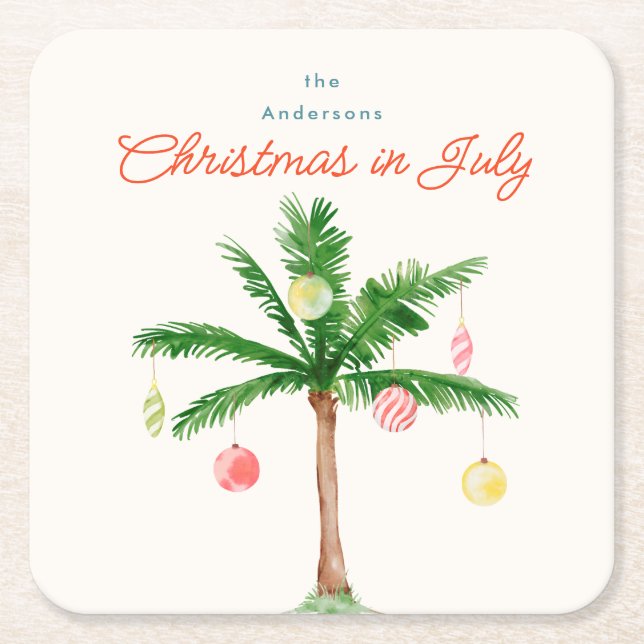 Watercolor Palm Tree Xmas in July BBQ Summer Party Square Paper Coaster (Front)