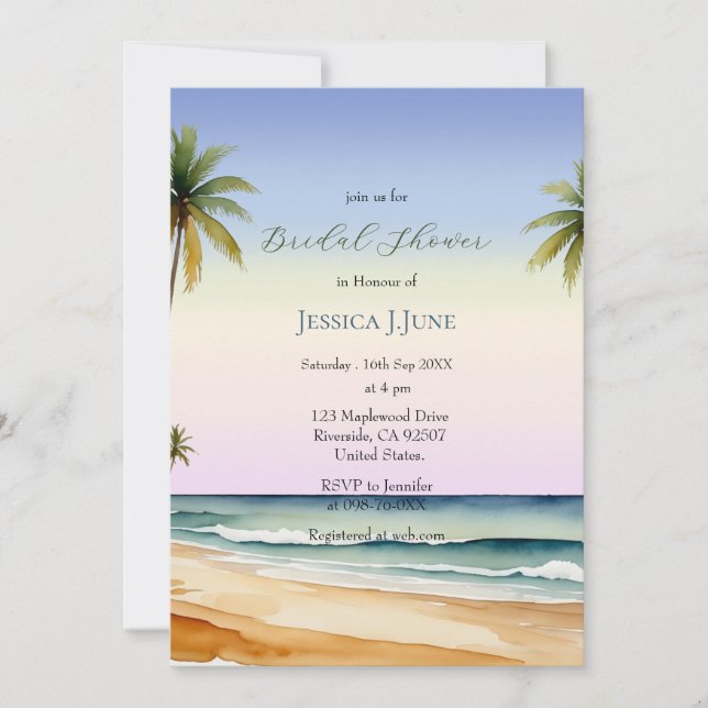 Watercolor Palm Trees Beach Island Bridal Shower Invitation (Front)