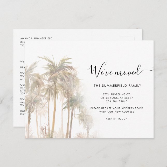 Watercolor Palm Trees Coastal Moving Announcement Postcard (Front/Back)