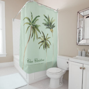 Watercolor Palm Trees Elegant Typography Tropical Shower Curtain