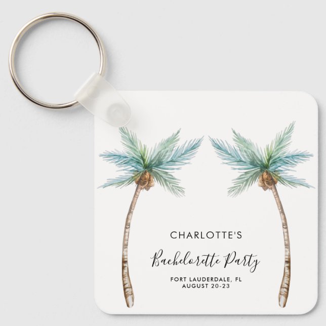 Watercolor Palm Trees Script Bachelorette Party Key Ring (Front)