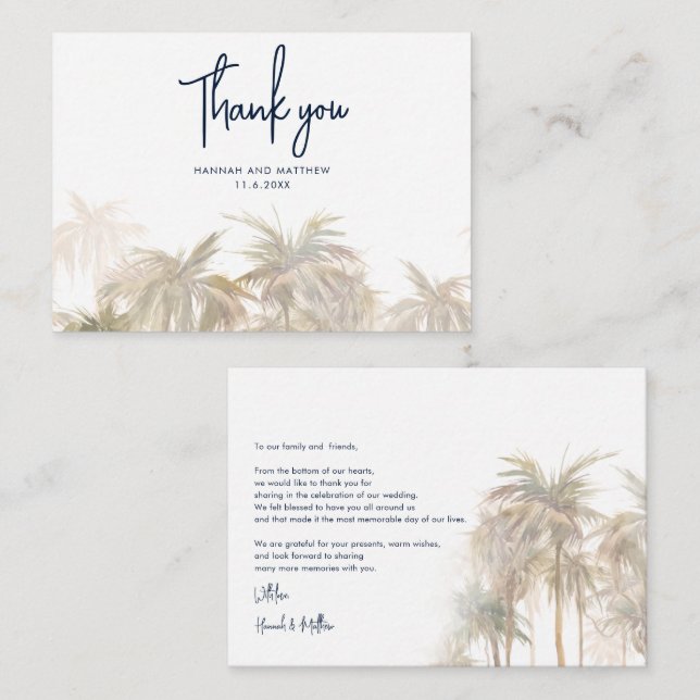 Watercolor Palm Trees Script Wedding Thank You Card (Front/Back)