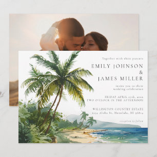 Watercolor Palm Trees Tropical Beach Photo Wedding Invitation