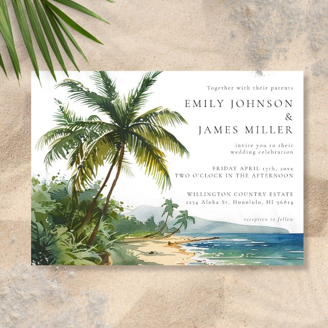 Watercolor Palm Trees Tropical Beach Wedding Invitation (Watercolor Palm Trees Tropical Beach Wedding Invitation)