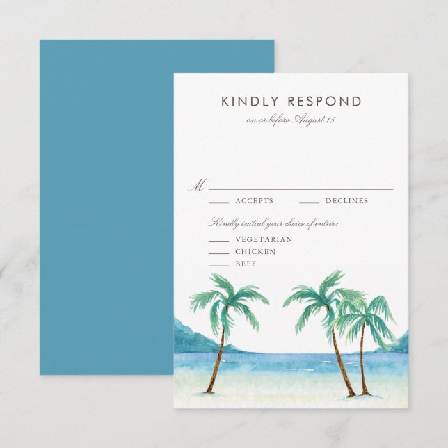 Watercolor Palm Trees Tropical Beach Wedding RSVP Card (Front/Back)