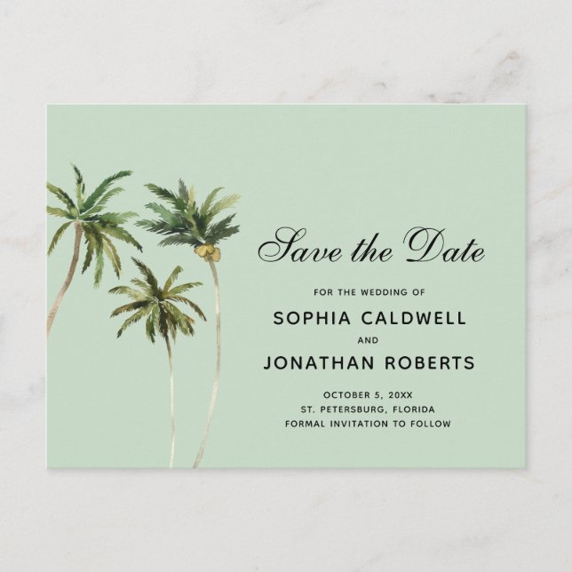 Watercolor Palm Trees Tropical Save the Date Announcement Postcard (Front)