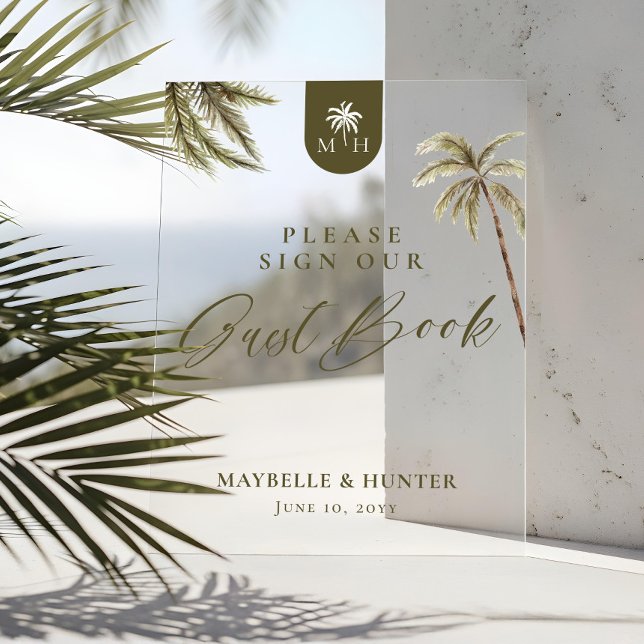 Watercolor Palm Trees Wedding Monogram Guest Book Acrylic Sign (Watercolor Palm Trees Wedding Monogram Guest Book Acrylic Sign)