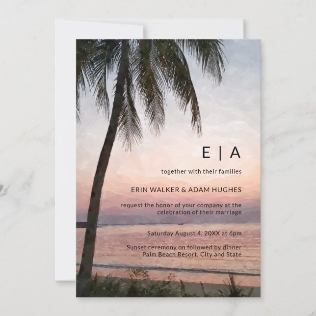 Watercolor Palm Tropical Destination Beach Wedding Invitation (Front)