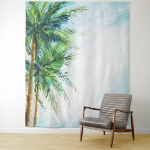 Watercolor Palms Tropical Beach Tapestry