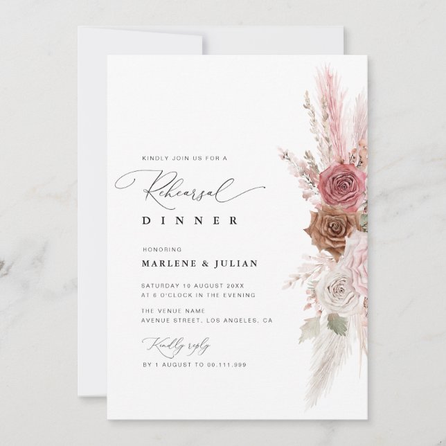 watercolor pampas dusty rose wedding invitation (Front)