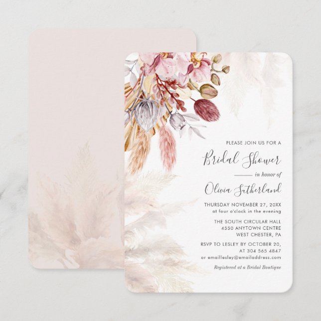 Watercolor Pampas Grass Boho Bridal Shower Card (Front/Back)