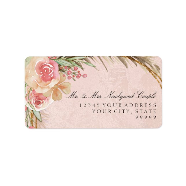 Watercolor Pampas Grass Boho Elegant Blush Floral Label (Front)