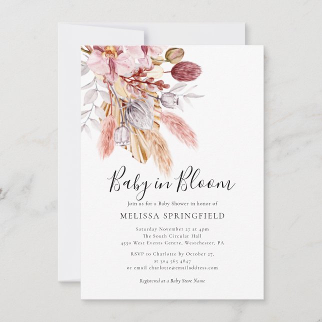 Watercolor Pampas Grass Boho Girl Baby Shower Invitation (Front)