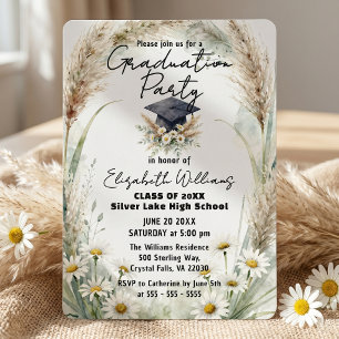 Watercolor Pampas Grass Daisies Graduation Party Invitation