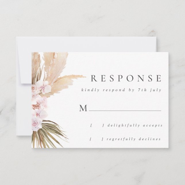 Watercolor Pampas Grass & Flowers Boho Wedding RSVP Card (Front)