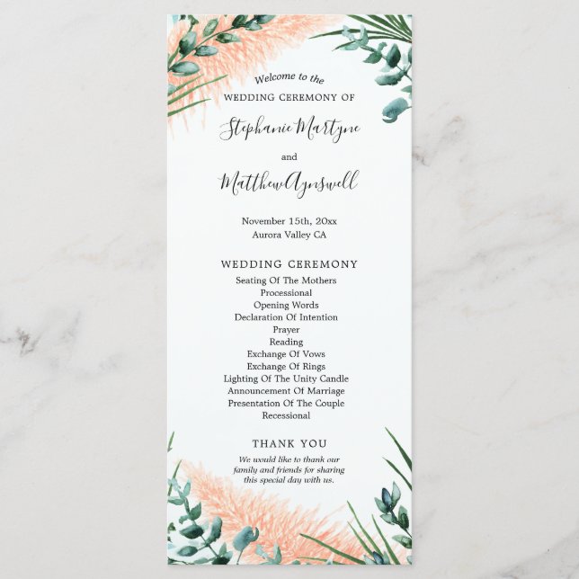 Watercolor Pampas Grass Foliage Wedding Ceremony Programme (Front)
