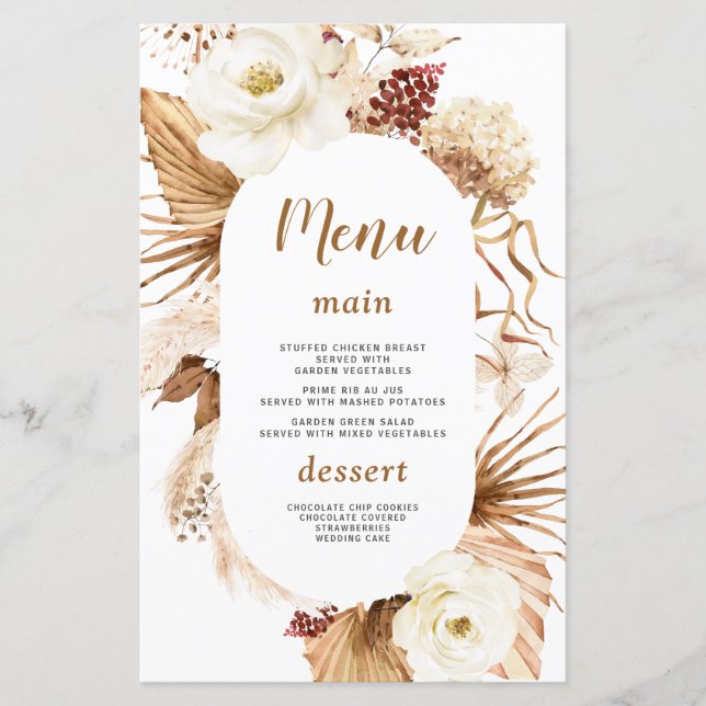 Watercolor Pampas Grass Ivory Floral Menu (Front)